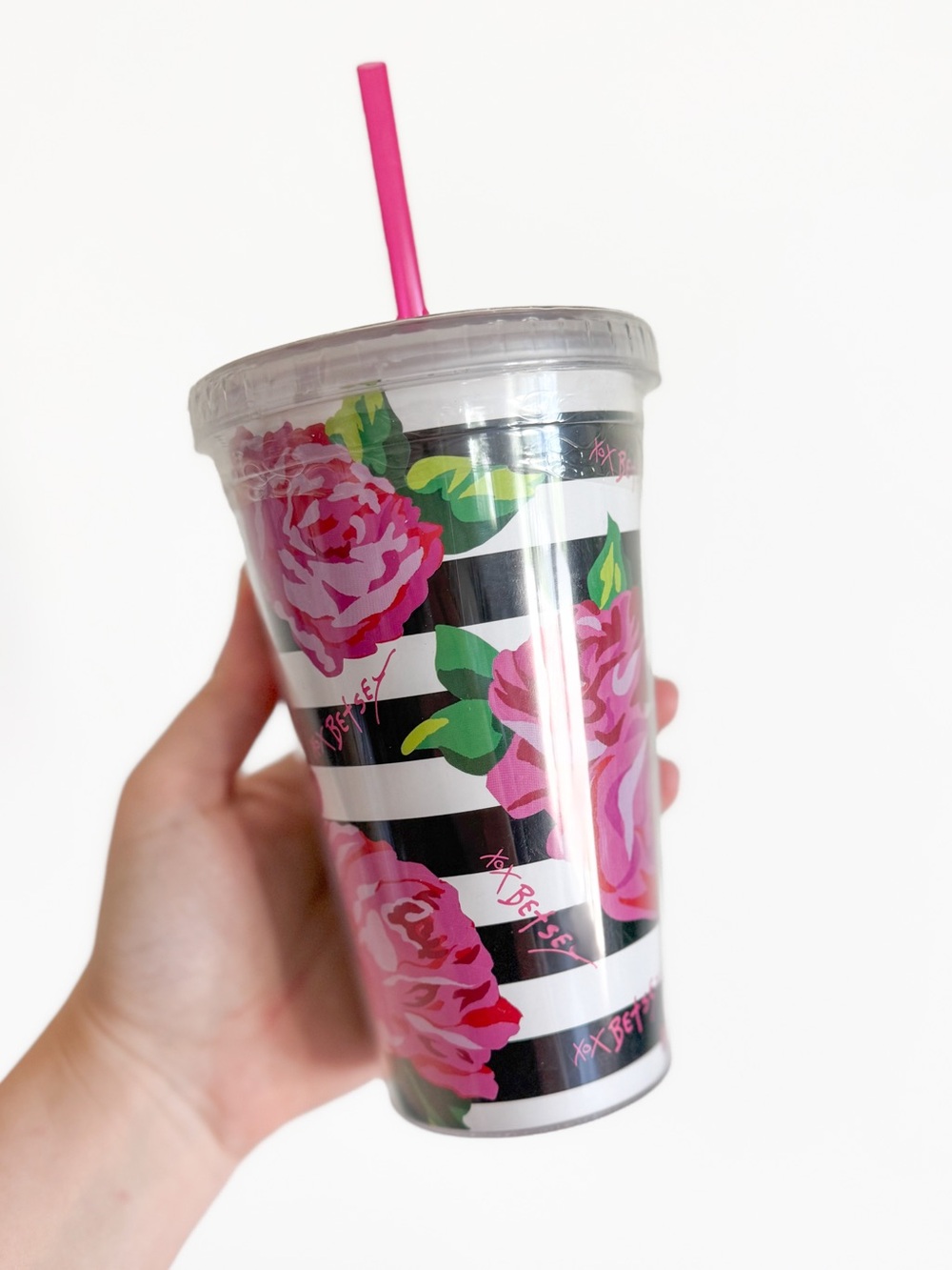 NWT Betsey Johnson Floral Striped Tumbler Cup w/ Straw Pink Roses 2015